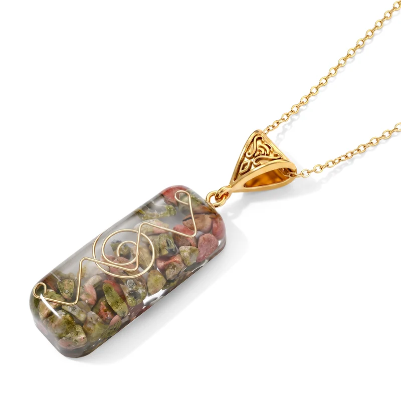 2-teiliges Edelstein-Set mit Unakit-Anhänger und Kette, Deko-Pyramide, 316L Edelstahl, goldfarben, ca. 20.00 ct