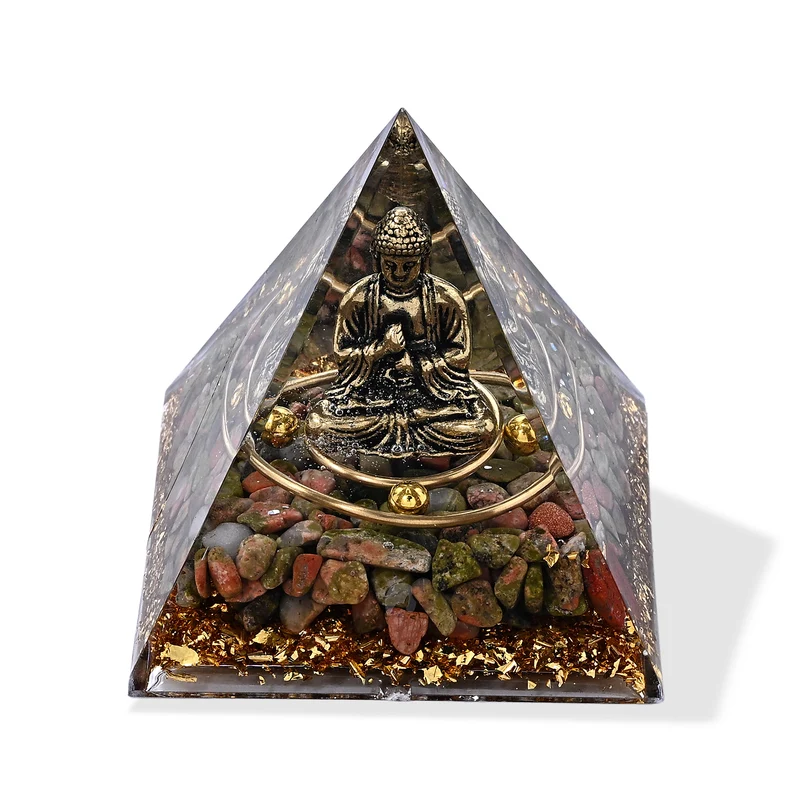 2-teiliges Edelstein-Set mit Unakit-Anhänger und Kette, Deko-Pyramide, 316L Edelstahl, goldfarben, ca. 20.00 ct