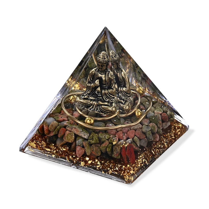 2-teiliges Edelstein-Set mit Unakit-Anhänger und Kette, Deko-Pyramide, 316L Edelstahl, goldfarben, ca. 20.00 ct