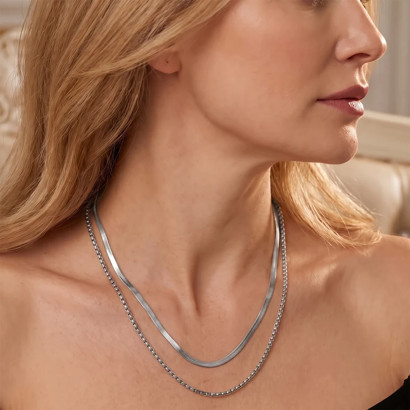 2er Set - 316L Edelstahl Herringbone und Venezianische Box Ketten, ca. 32,90 g