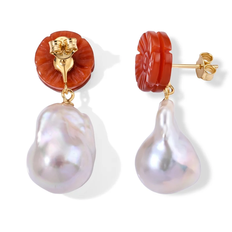 D'Joy Rote Jade, Weiße Barockperle Ohrringe 925 Silber Vergoldet 30.01 ct