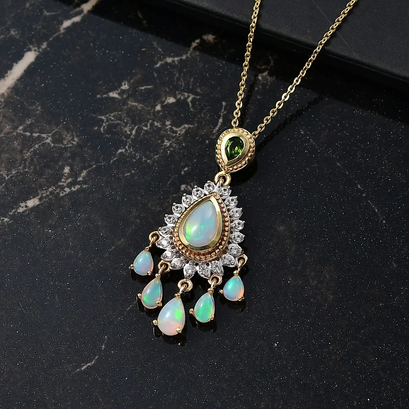 D'Joy AA Natürlicher, äthiopischer Welo Opal Anhänger mit Kette ca. 50 cm, 925 Silber 750 Gelbgold Vermeil ca. 2.41 ct