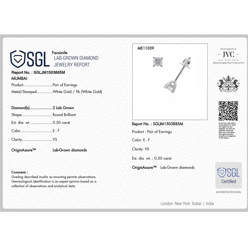 LUXURIANT DIAMOND - Lab Grown Diamant VS-EF SGL zertifiziert Ohrringe 375 Weißgold ca. 0.50 ct