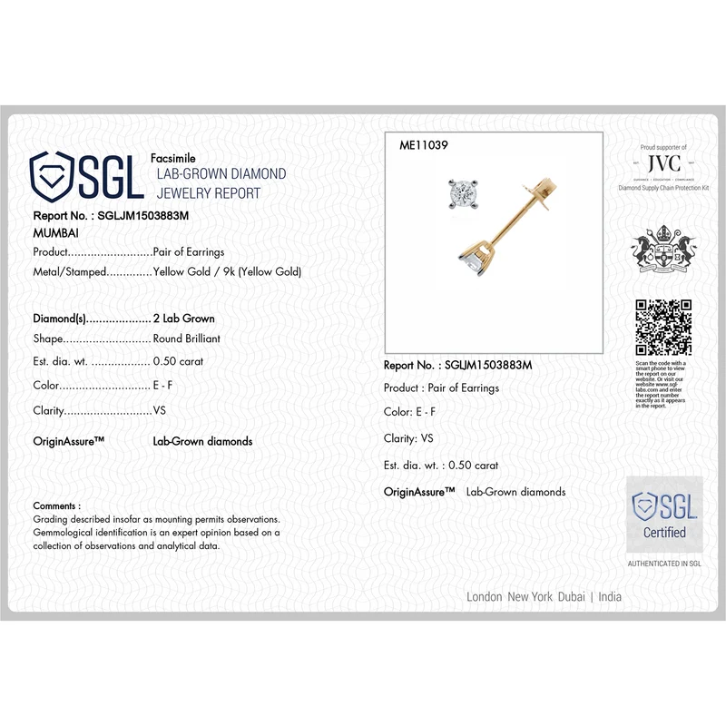 LUXURIANT DIAMOND - Lab Grown Diamant VS-EF SGL zertifiziert Ohrringe 375 Weißgold ca. 0.50 ct