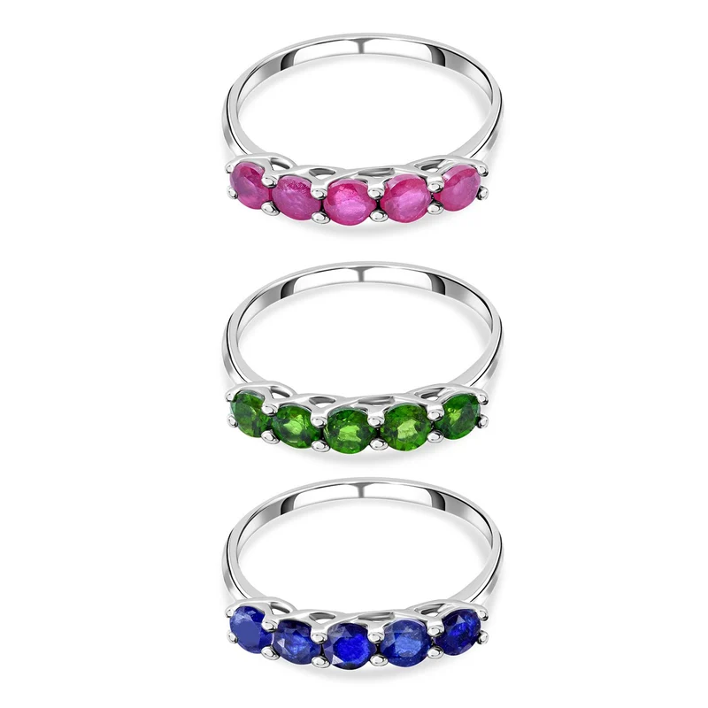 Rubin, Natürlicher Chromdiopsid und Masaola Saphir 3er-Ringset, 925 Silber platiniert ca. 3,75 ct
