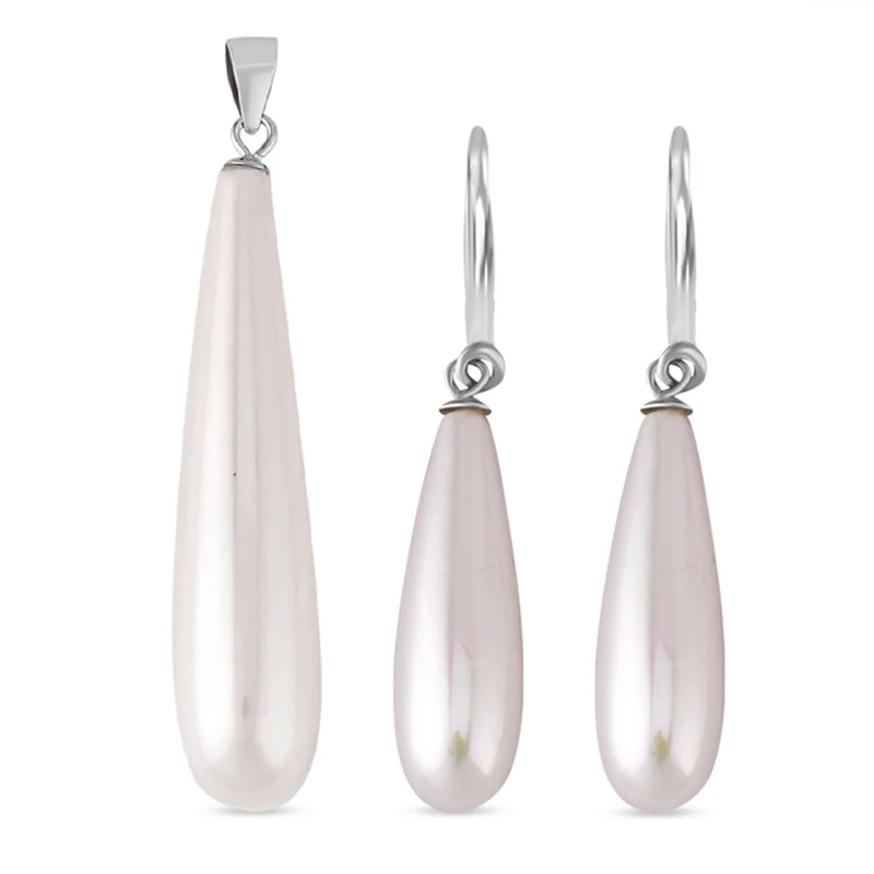 2er Set - Weiße Muschelkernperle Anhänger und Ohrringe Schmuckset, 925 Silber rhodiniert, Regentropfen