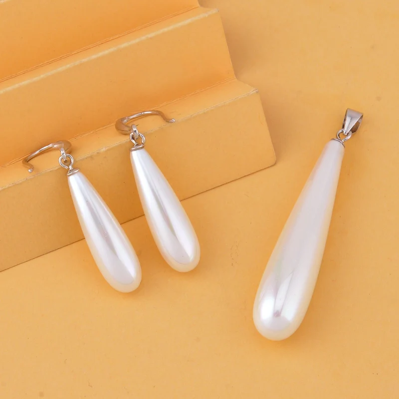 2er Set - Weiße Muschelkernperle Anhänger und Ohrringe Schmuckset, 925 Silber rhodiniert, Regentropfen