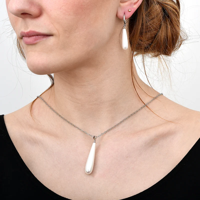 2er Set - Weiße Muschelkernperle Anhänger und Ohrringe Schmuckset, 925 Silber rhodiniert, Regentropfen