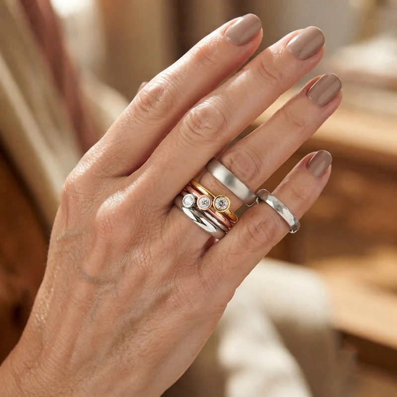 LUXURIANT 3er-Set SI-GH Labor Diamant Stacking Ringe, 925 Silber mit 750 Gelbgold Vermeil, 750 Roségold Vermeil und rhodiniert - (8-13 Werktage Lieferzeit) 3 ct.