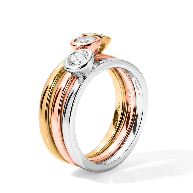 LUXURIANT 3er-Set SI-GH Labor Diamant Stacking Ringe, 925 Silber mit 750 Gelbgold Vermeil, 750 Roségold Vermeil und rhodiniert - (8-13 Werktage Lieferzeit) 3 ct.