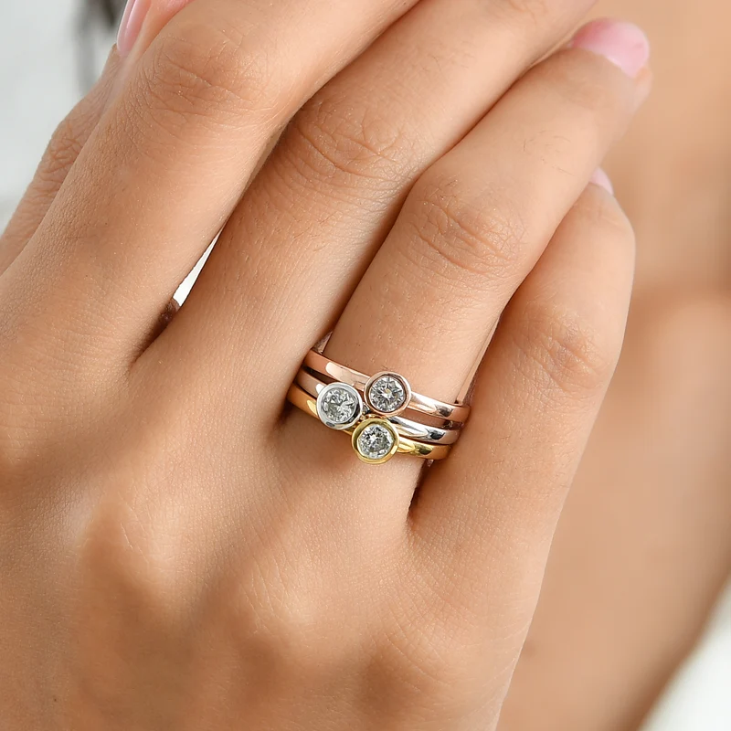 LUXURIANT 3er-Set SI-GH Labor Diamant Stacking Ringe, 925 Silber mit 750 Gelbgold Vermeil, 750 Roségold Vermeil und rhodiniert - (8-13 Werktage Lieferzeit) 3 ct.