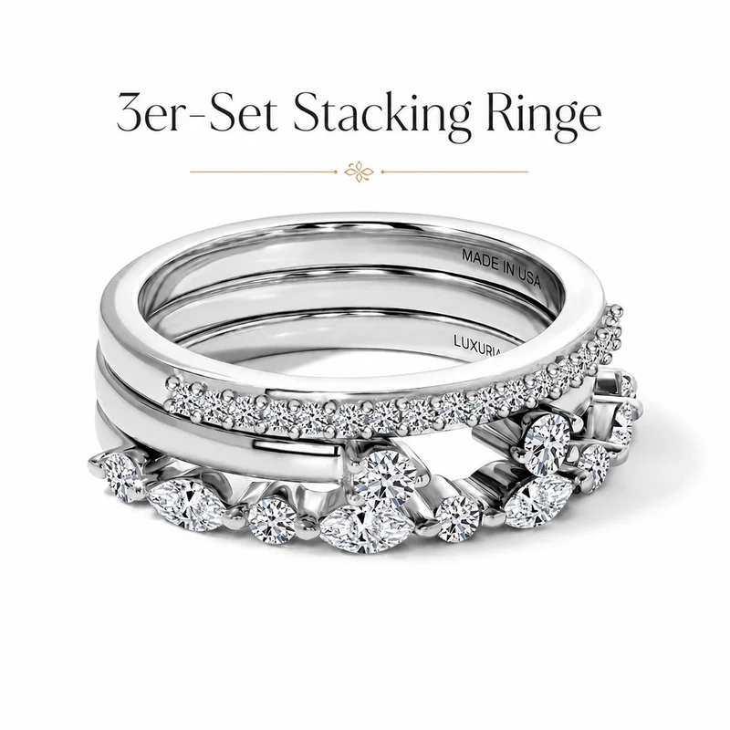 LUXURIANT 3er-Set SI-GH Labor Diamant Stacking Ringe, 925 Silber rhodiniert - (8-13 Werktage Lieferzeit) 0,75 ct.