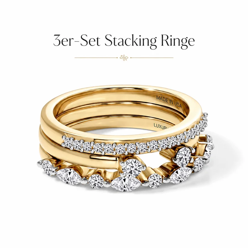 LUXURIANT 3er-Set SI-GH Labor Diamant Stacking Ringe, 925 Silber rhodiniert - (8-13 Werktage Lieferzeit) 0,75 ct.