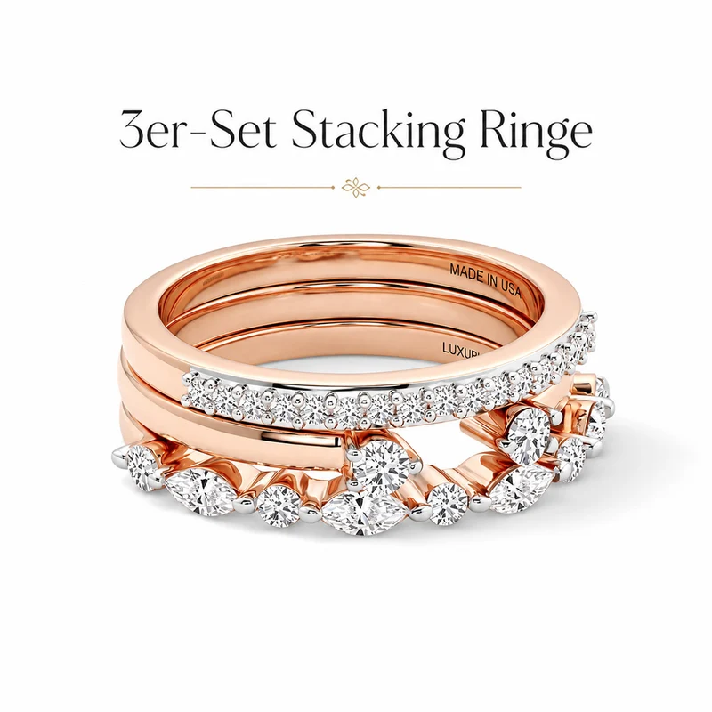 LUXURIANT 3er-Set SI-GH Labor Diamant Stacking Ringe, 925 Silber rhodiniert - (8-13 Werktage Lieferzeit) 0,75 ct.