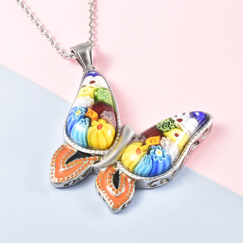 Murano-Stil Glas Schmetterlings-Glas-Anhänger mit Kette, Edelstahl