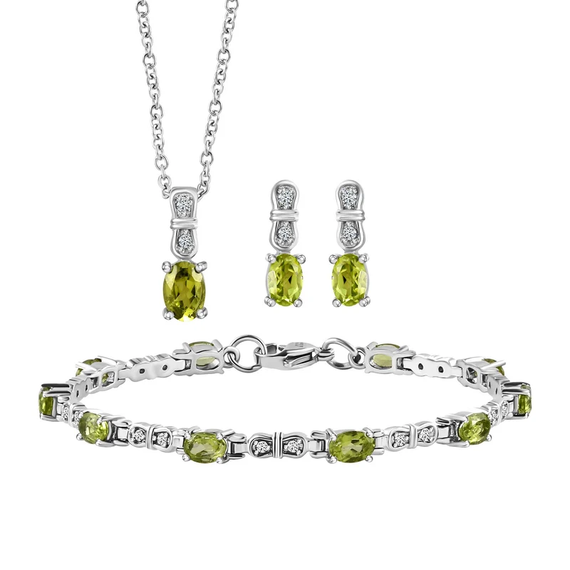 3er Set, natürliche Peridot Ohrringe, Armband, Anhänger mit Kette, Edelstahl, ca. 7.03 ct