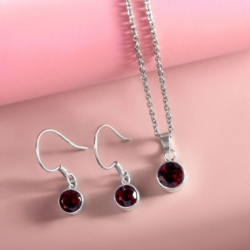 2er Set - Roter Granat-Anhänger mit Kette und Ohrringe, 925 Silber Edelstahl, ca. 3.48 ct