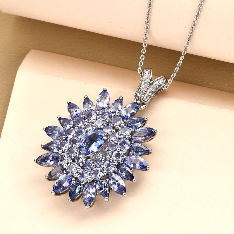 Tansanit-Anhänger mit Kette, 925 Silber platiniert ca. 7.73 ct