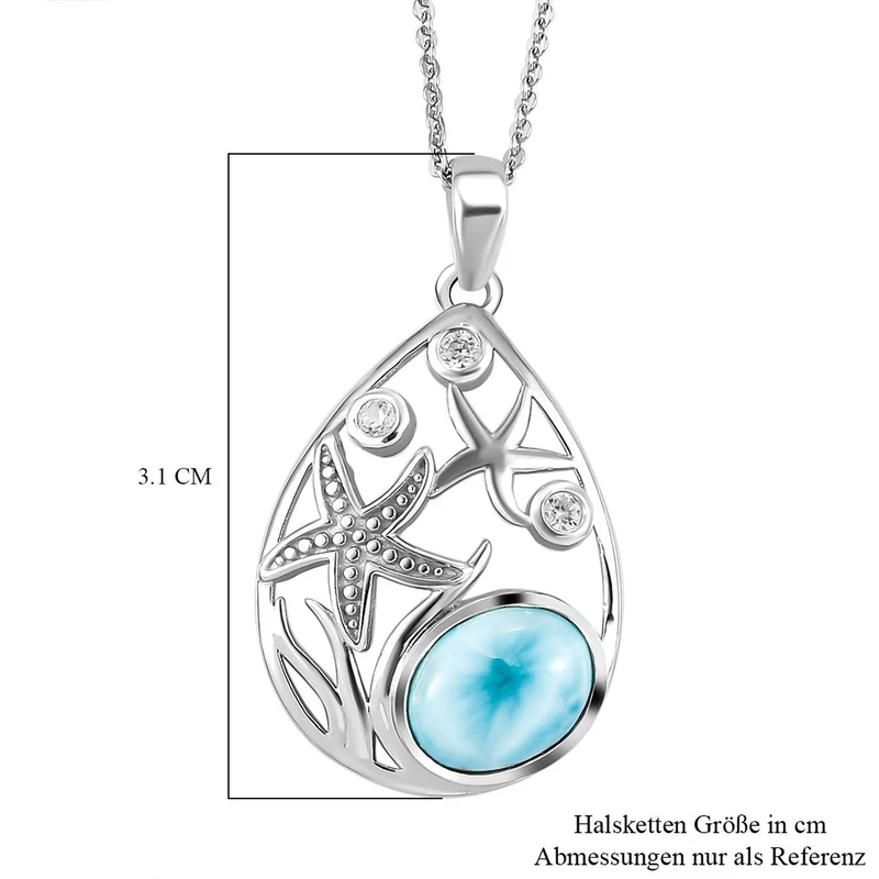 AA Larimar und weißer Zirkon-Anhänger mit Kette, 925 Silber platiniert ca. 2,28 ct