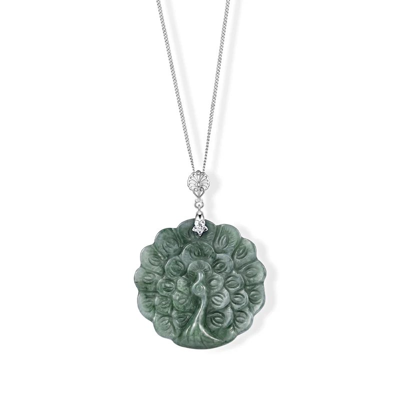 LUXURIANT 42,25 ct. AA Olmek Jadeit und Labor Diamant Anhänger mit 45cm Kette, 925 Silber rhodiniert