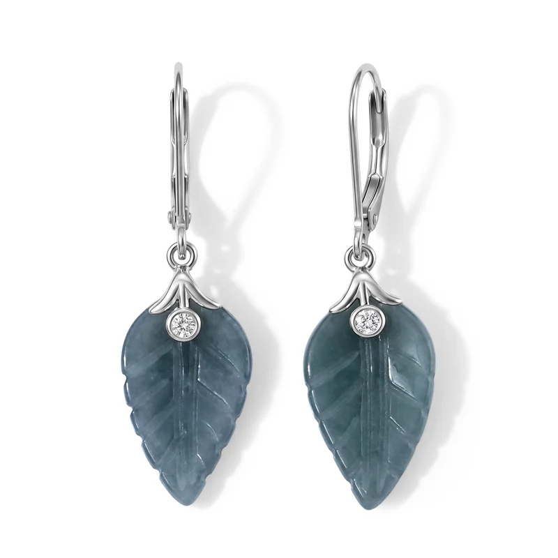 LUXURIANT 9,38 ct. Olmek Jadeit und Labor Diamant Blatt-Ohrringe, 925 Silber rhodiniert