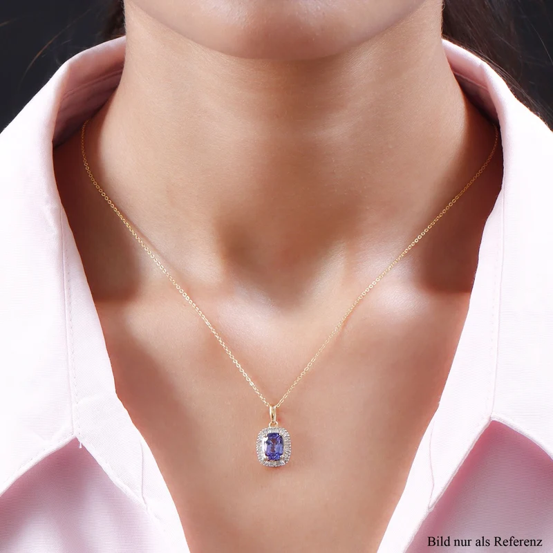 Tansanit und weißer Diamant-Anhänger mit Kette, 925 Silber Gelbgold Vermeil ca. 1,66 ct