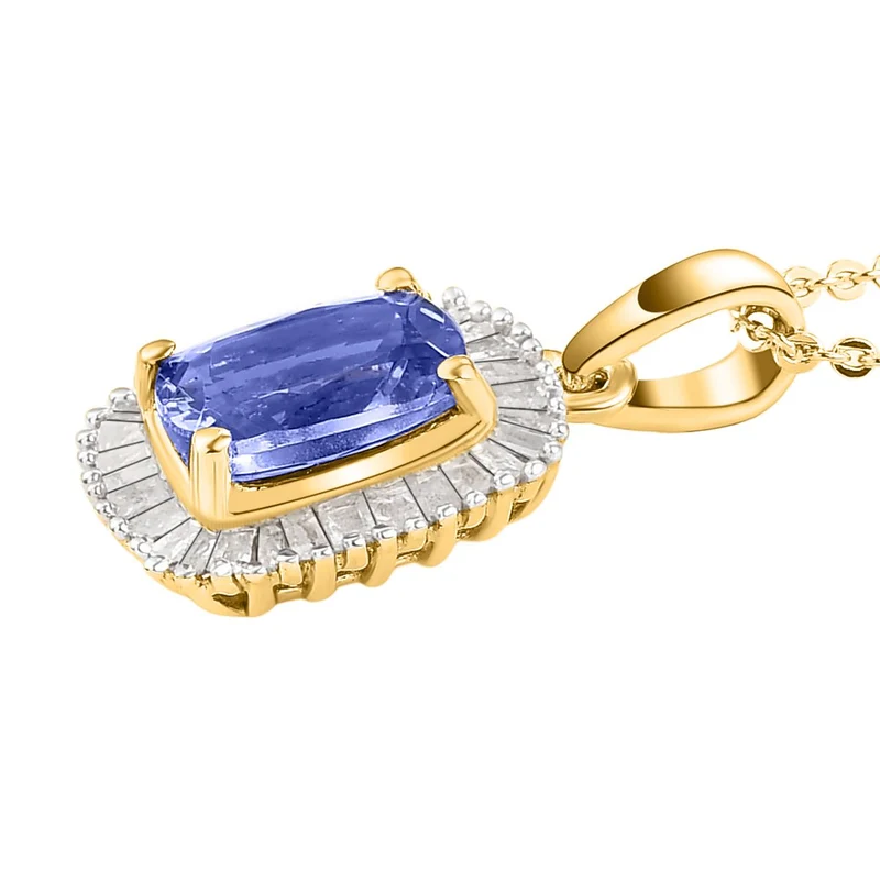 Tansanit und weißer Diamant-Anhänger mit Kette, 925 Silber Gelbgold Vermeil ca. 1,66 ct
