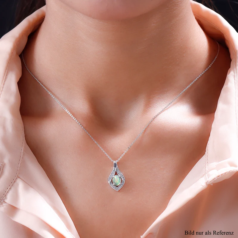 Natürlicher, äthiopischer Opal und weißer Zirkon-Anhänger mit Kette, 925 Silber platiniert ca. 0,69 ct
