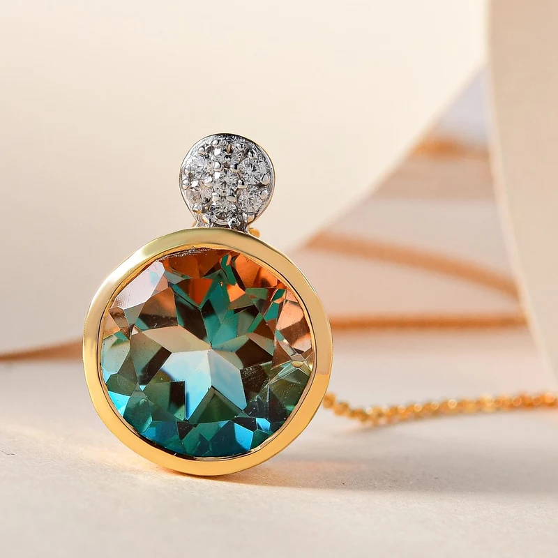 Aqua Terra Costa Quarz Triplett und weißer Zirkon-Anhänger mit Kette, 925 Silber vergoldet ca. 6.79 ct