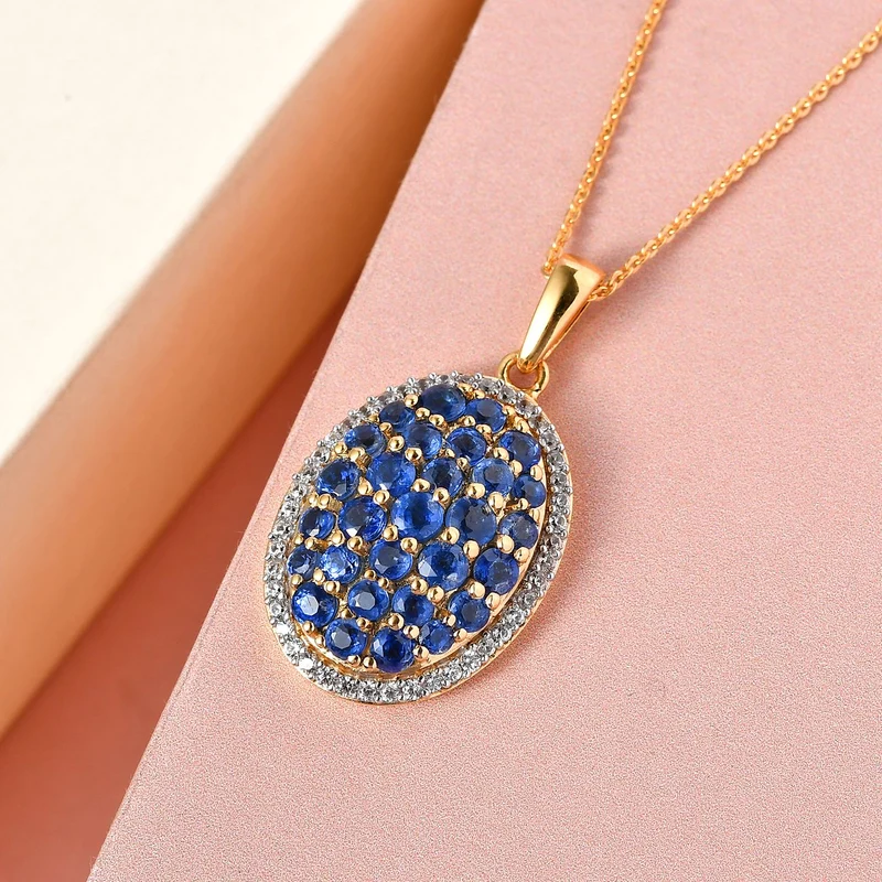 Kaschmir Kyanit-Anhänger mit Kette, 925 Silber Gelbgold Vermeil ca. 3,72 ct