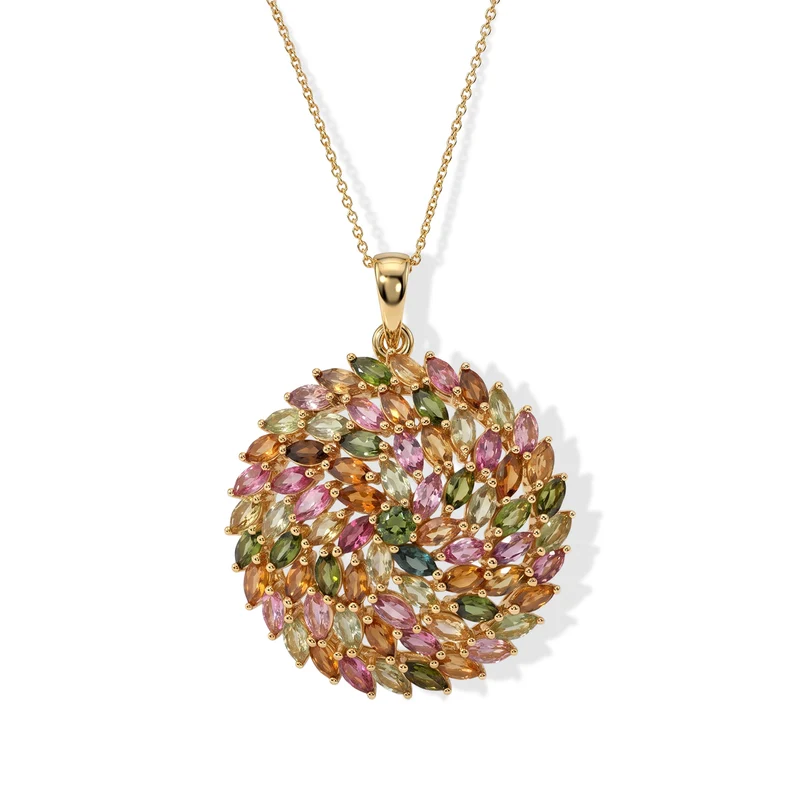 D'Joy AA mehrfarbiger Turmalin Anhänger mit 50cm Kette, 925 Silber 750 Gelbgold Vermeil - 6,11 ct.