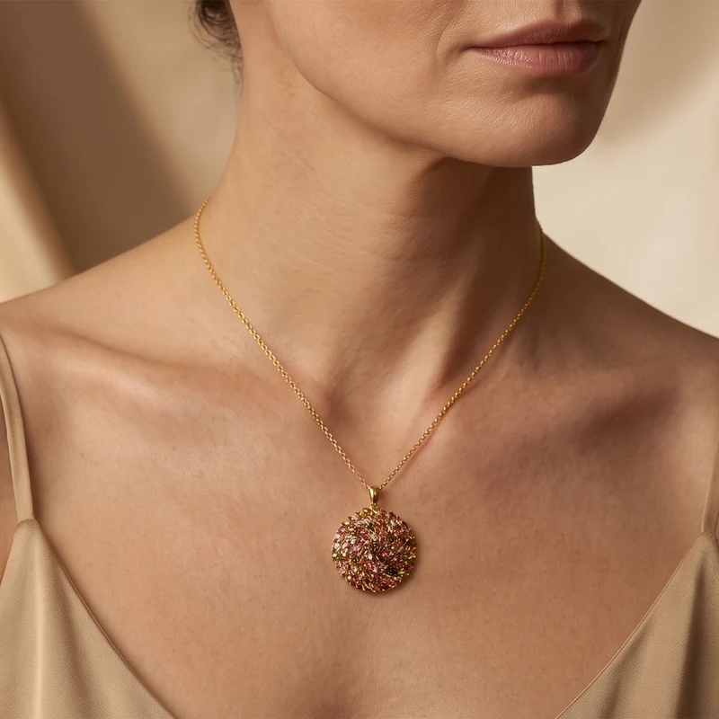 D'Joy AA mehrfarbiger Turmalin Anhänger mit 50cm Kette, 925 Silber 750 Gelbgold Vermeil - 6,11 ct.