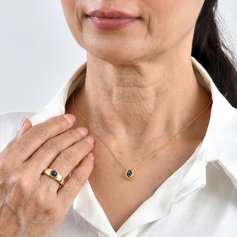 EveTrue AA blaues Stern Saphir Schmuckset, 316L Edelstahl und Bronze mit Gelbgold E-Beschichtung - 2,79 ct.