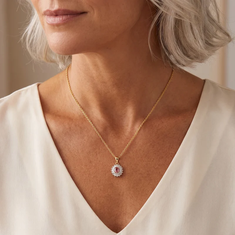 D'Joy AA Blush Turmalin, Weißer Diamant Schmuckset ca. 50 cm 925 Silber 750 Gelbgold vermeil ca. 0,65 ct.