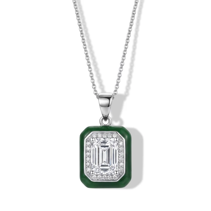 D'Joy Moissanit und gefärbter grüner Jade Anhänger mit 45cm Kette, 925 Silber rhodiniert - 8,60 ct.