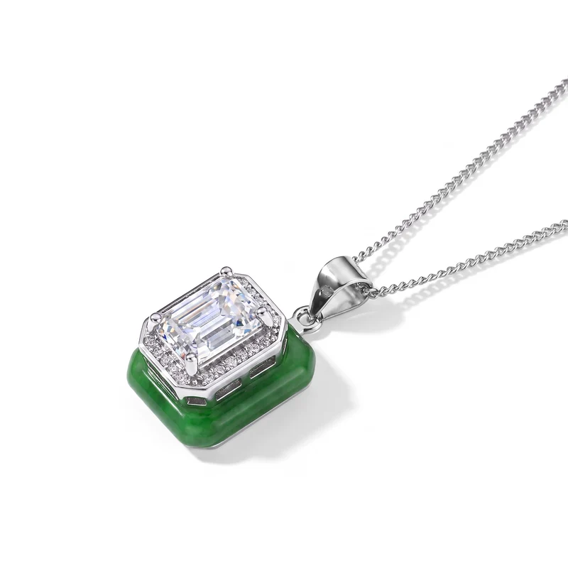 D'Joy Moissanit und gefärbter grüner Jade Anhänger mit 45cm Kette, 925 Silber rhodiniert - 8,60 ct.