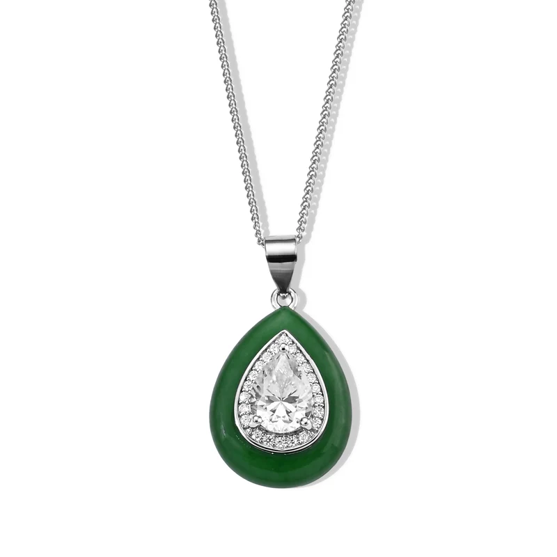 D'Joy Moissanit und gefärbter grüner Jade Anhänger mit 45cm Kette, 925 Silber rhodiniert - 8,60 ct.