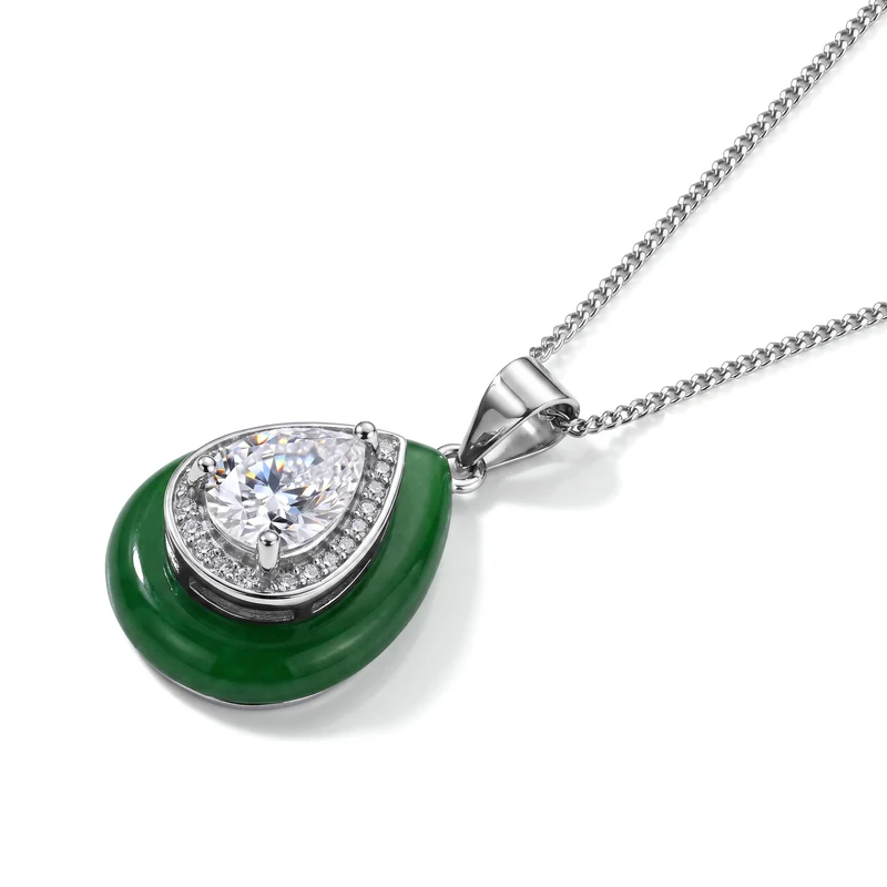D'Joy Moissanit und gefärbter grüner Jade Anhänger mit 45cm Kette, 925 Silber rhodiniert - 8,60 ct.