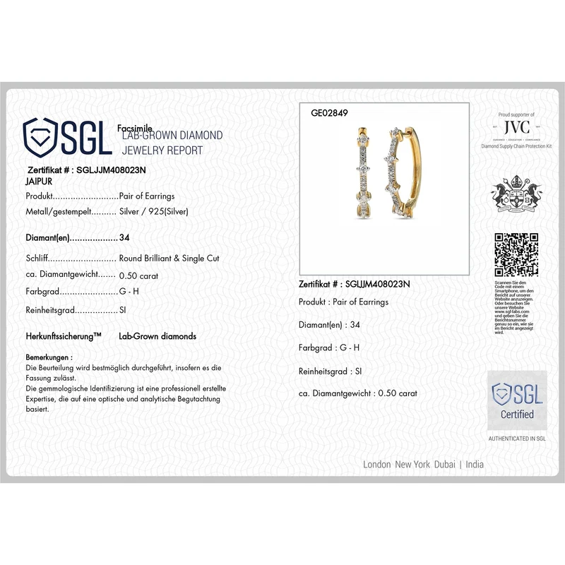 LUXURIANT 0,50 ct. SGL zertifizierte SI-GH Labor Diamant Ohrringe, 925 Silber 750 Gelbgold Vermeil