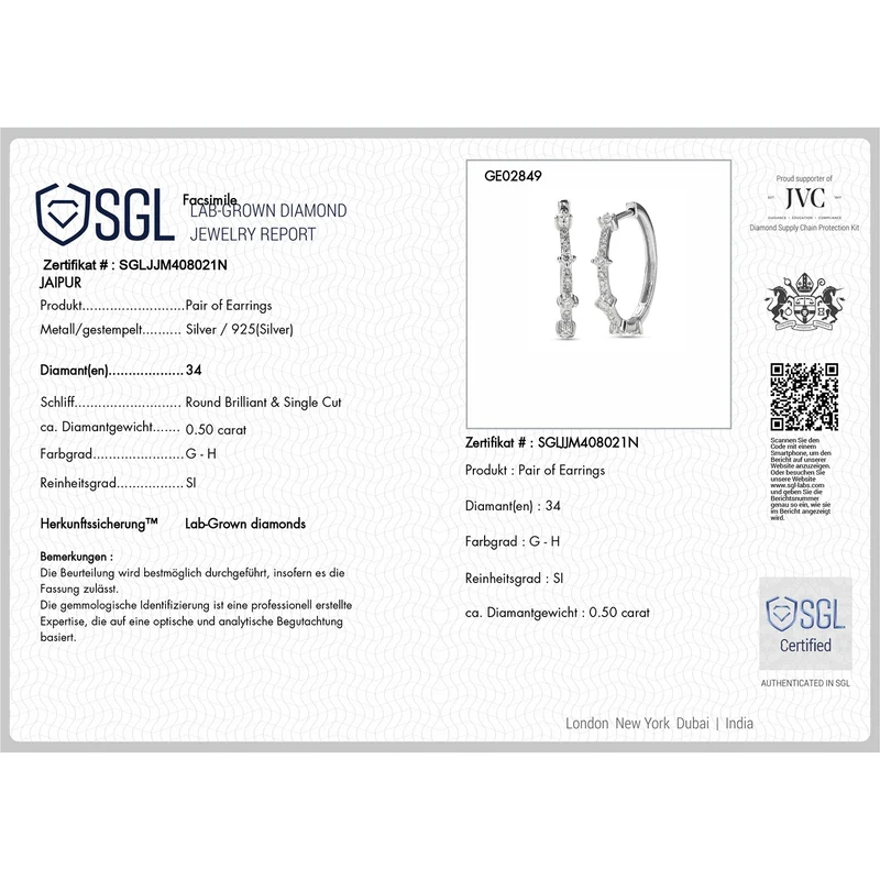 LUXURIANT 0,50 ct. SGL zertifizierte SI-GH Labor Diamant Ohrringe, 925 Silber 750 Gelbgold Vermeil