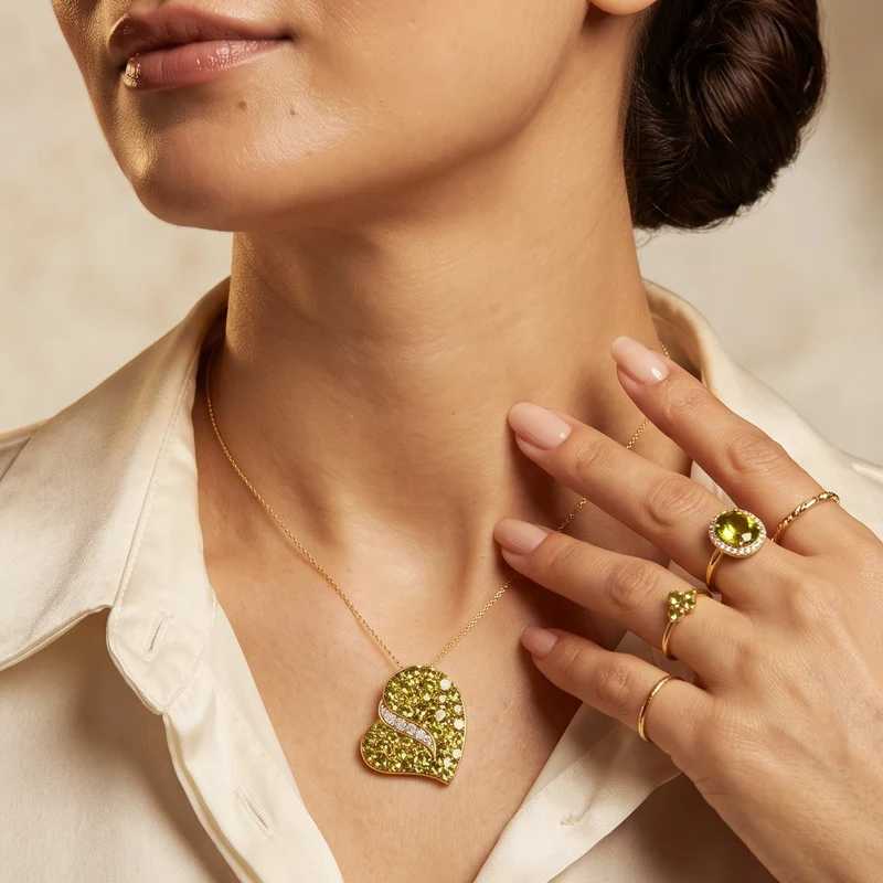 D'Joy Arizona Peridot, Weißer Zirkon Schmuckset ca. 50 cm 925 Silber 750 Gelbgold vermeil ca. 8.53 ct