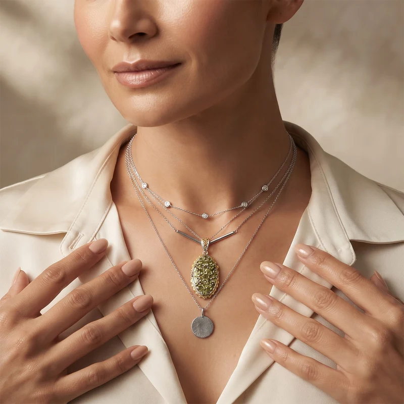 D'Joy Arizona Peridot Schmuckset ca. 50 cm 925 Silber 750 Gelbgold vermeil, 925 Silber Rhodiniert und 750 Gelbgold Vermeil ca. 5.58 ct