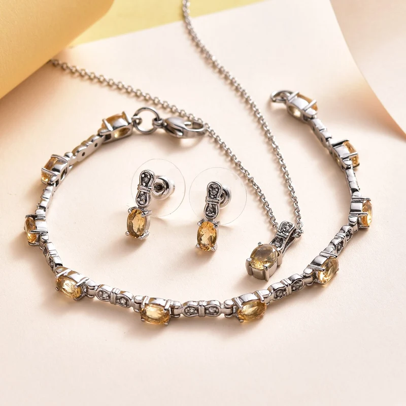 3er Set, Citrin Ohrringe, Armband, Anhänger mit Kette, Edelstahl, ca. 7.28 ct