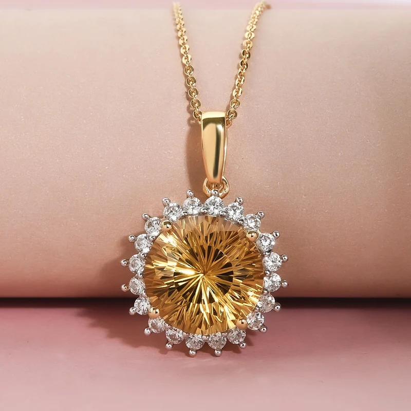 Hanabi Schliff - Citrin und weißer Zirkon-Anhänger mit Kette, 925 Silber Gelbgold Vermeil ca. 7,72 ct