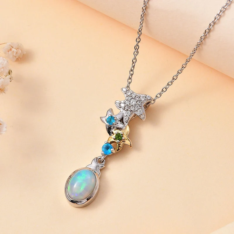 GP Celestial Kollektion - AA Natürlicher, äthiopischer Welo Opal, Neon Apatit Schmuckset 925 Silber rhodiniert, 925 Silber Rhodiniert und 750 Gelbgold Vermeil ca. 1.33 ct