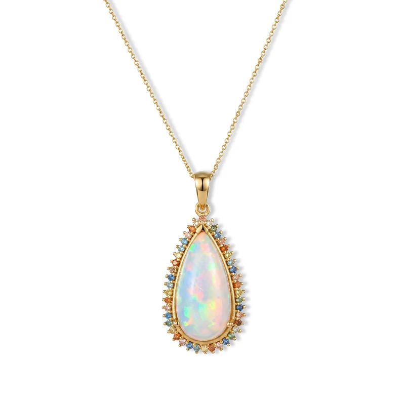 LUXURIANT AAA natürlicher, äthiopischer Welo Opal und Labor mehrfarbiger Diamant Anhänger mit 50cm Kette, 925 Silber 750 Gelbgold Vermeil - 5,65 ct.