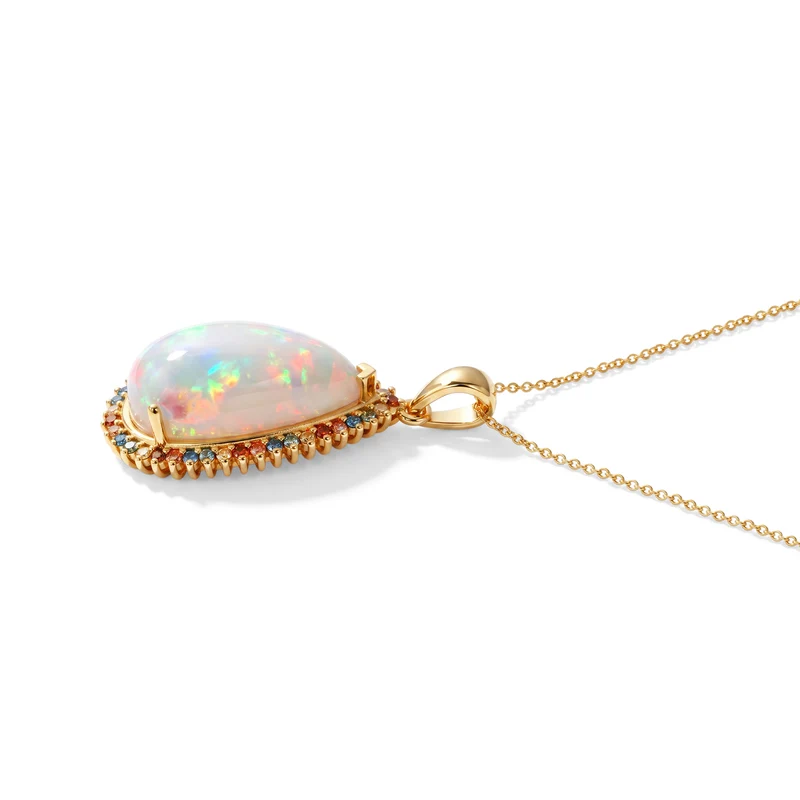 LUXURIANT AAA natürlicher, äthiopischer Welo Opal und Labor mehrfarbiger Diamant Anhänger mit 50cm Kette, 925 Silber 750 Gelbgold Vermeil - 5,65 ct.