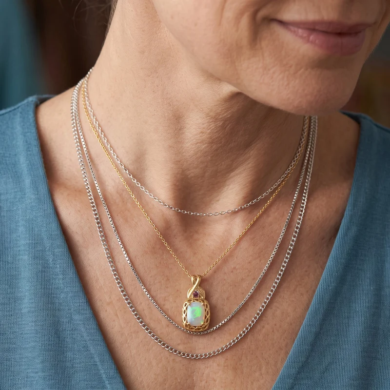 D'Joy AA natürlicher, äthiopischer Welo Opal und rosa Turmalin Anhänger mit 50cm Messing Kette, 925 Silber 750 vergoldet - 1 ct.