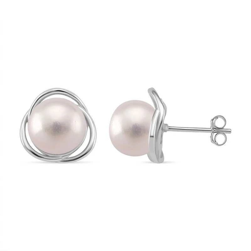 Weiße Süßwasser Perle (8-10 mm) Ohrringe 925 Silber vergoldet