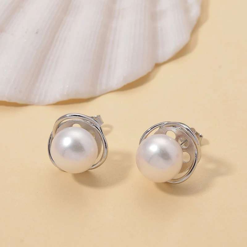 Weiße Süßwasser Perle (8-10 mm) Ohrringe 925 Silber vergoldet